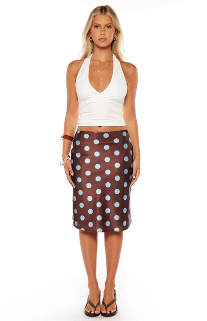 Charlize Brown and Blue Polka Dot Midi Skirt