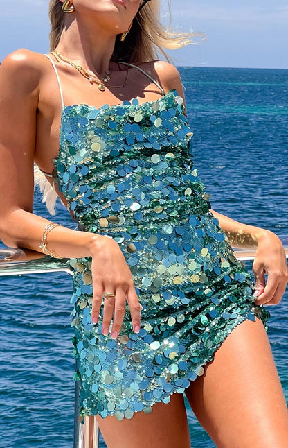 Come And Get It Aqua Sequin Party Mini Dress