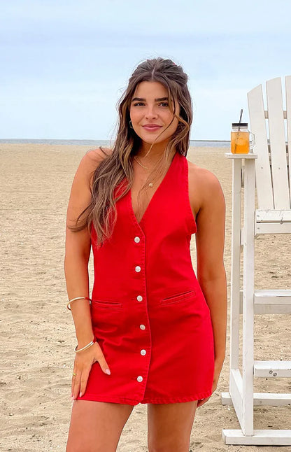 Corbin Red Denim Halter Neck Mini Dress
