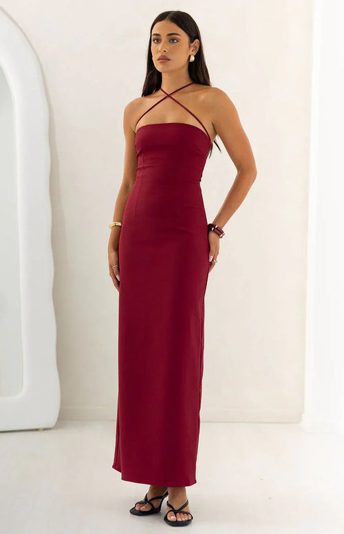 Del Mar Burgundy Crepe Formal Maxi Dress