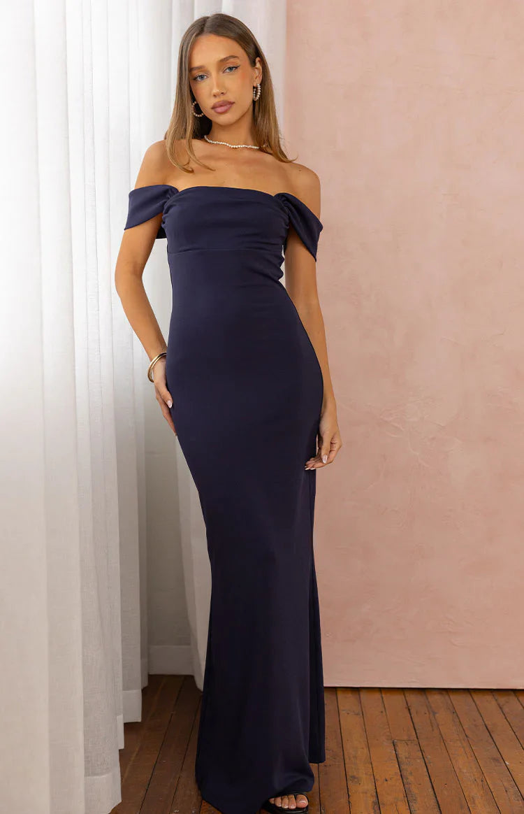 Ella Navy Off Shoulder Crepe Formal Maxi Dress