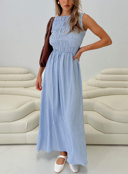 Fables Shirred Maxi Dress Blue Gingham