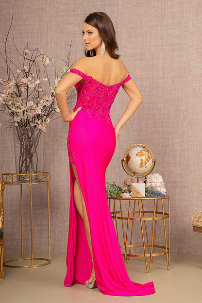Long Off Shoulder Glitter Prom Gown