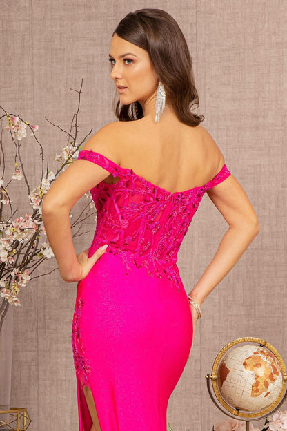Long Off Shoulder Glitter Prom Gown