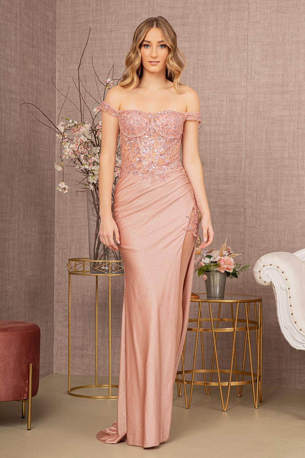 Long Off Shoulder Glitter Prom Gown