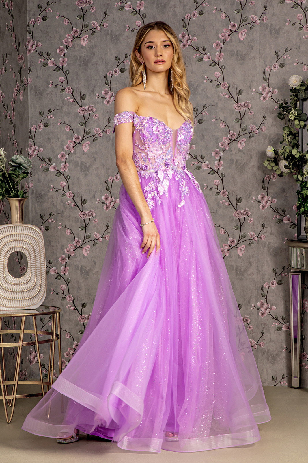 Long Formal 3D Flower A line Prom Dress