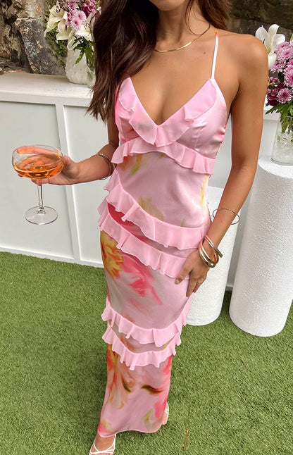 Inara Light Pink Floral Print Ruffle Maxi Dress