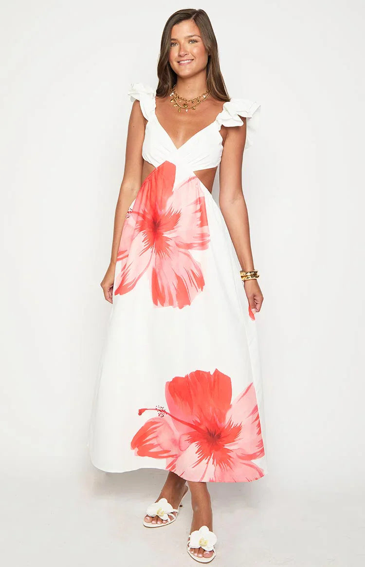 Kaden White Floral Print Maxi Dress