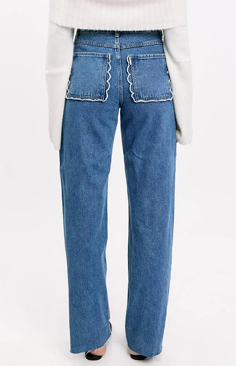 Kansis Mid Wash Scallop Pockets Uneven Waist Jeans