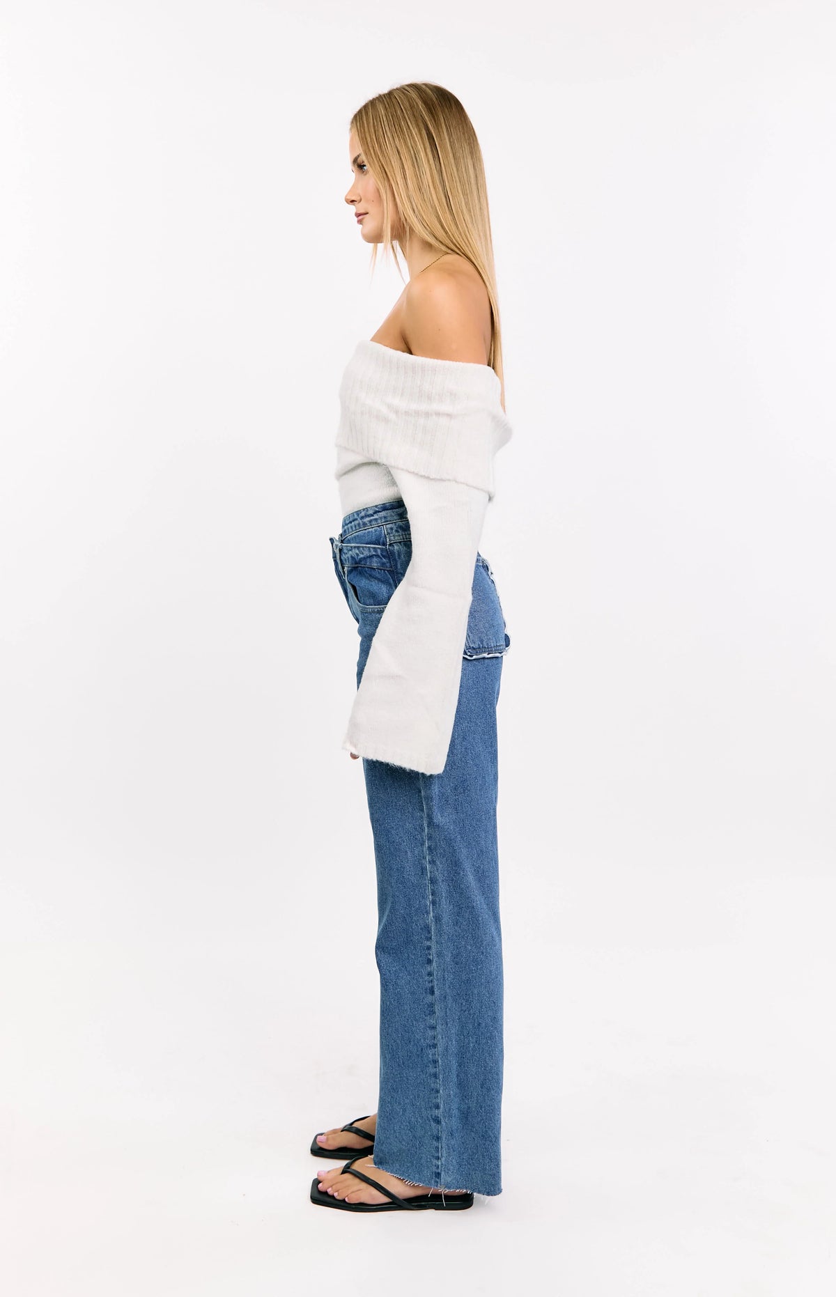 Kansis Mid Wash Scallop Pockets Uneven Waist Jeans