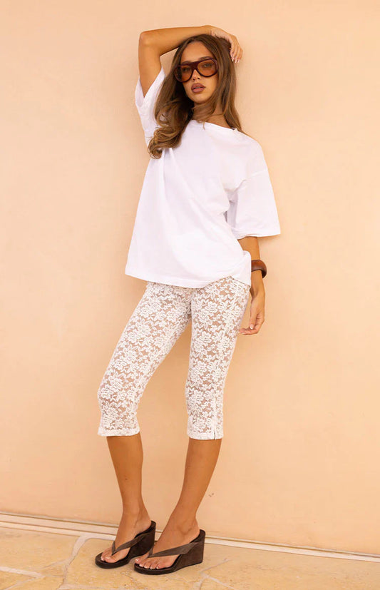 Lydia White Lace Mid Rise Capri Pants