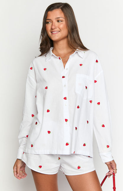 Margarita White Strawberry Embroidered Long Sleeve Shirt