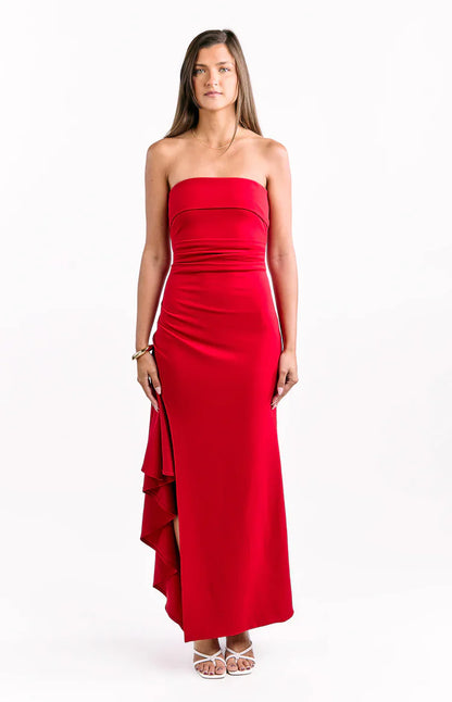 Merlo Red Crepe Strapless Formal Maxi Dress