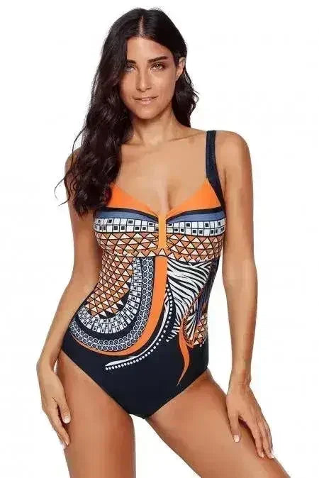 Orange Tribal Print One Piece Swimsuit