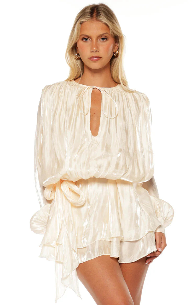 Quinton Pearl Satin Long Sleeve Tie Mini Dress
