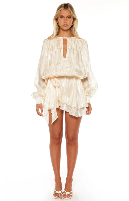 Quinton Pearl Satin Long Sleeve Tie Mini Dress