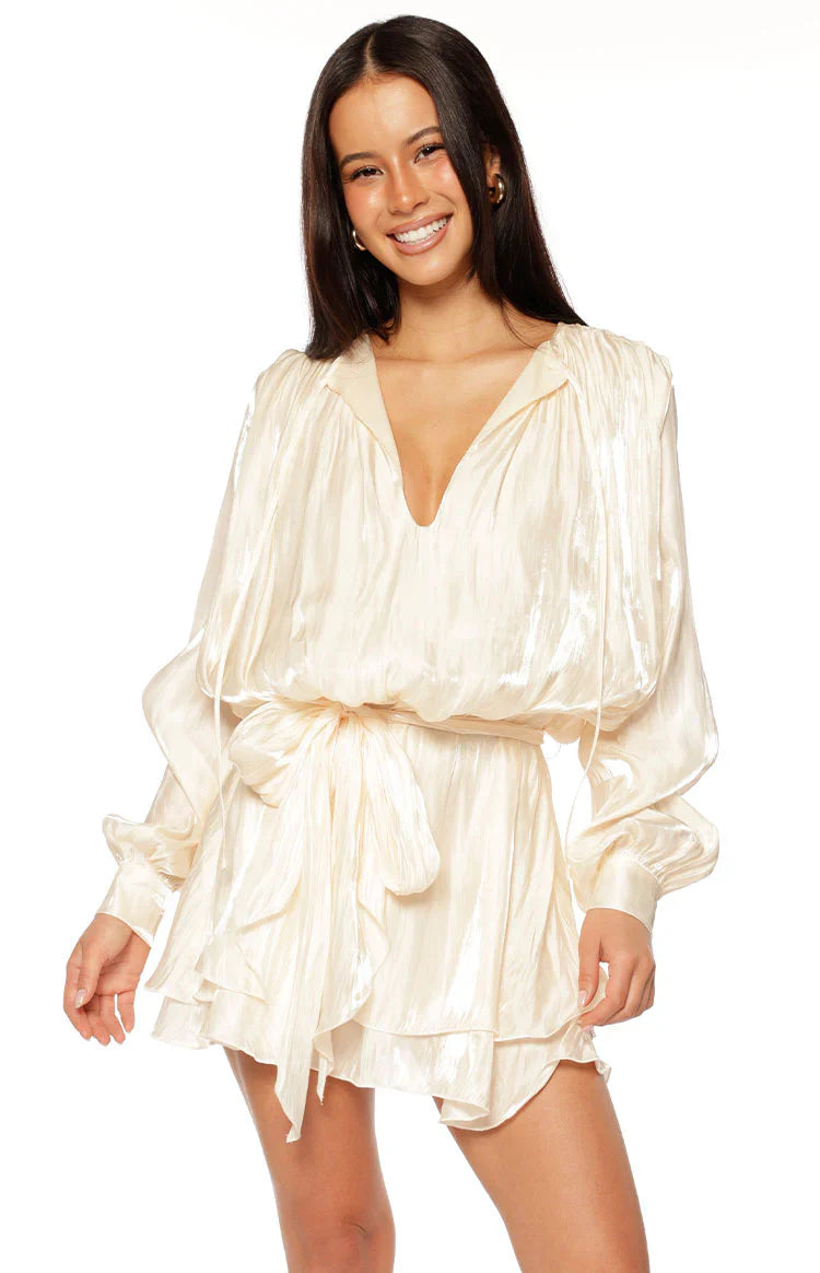 Quinton Pearl Satin Long Sleeve Tie Mini Dress