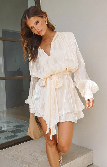 Quinton Pearl Satin Long Sleeve Tie Mini Dress