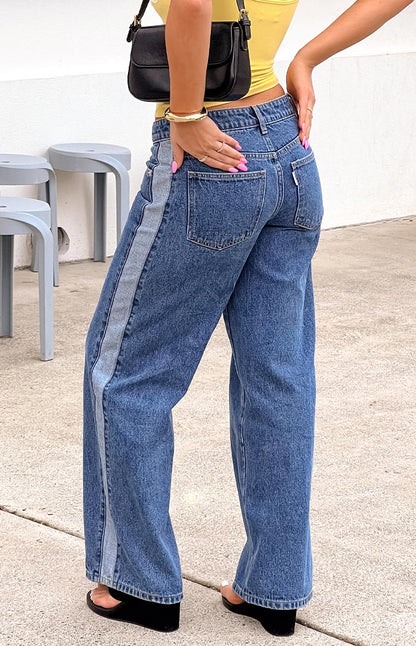Roonie Contrast Stripe Mid Wash Denim Low Rise Jeans
