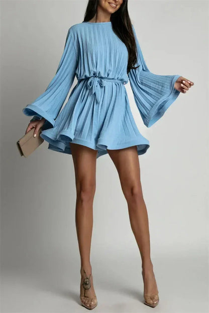 2025 Elegant Pleated Mini Dress - Flared Sleeve Lace-Up Summer Dress | Femstylo