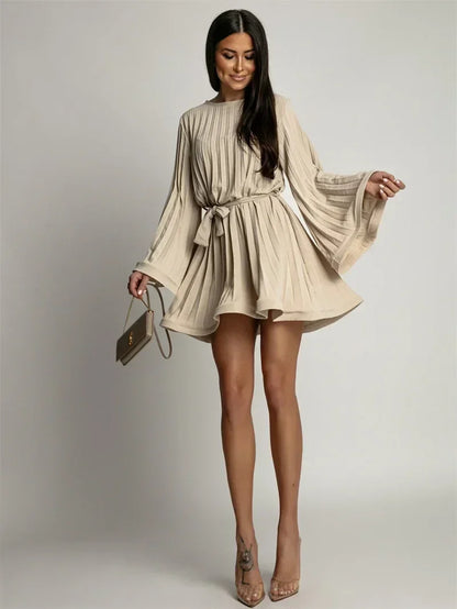2025 Elegant Pleated Mini Dress - Flared Sleeve Lace-Up Summer Dress | Femstylo