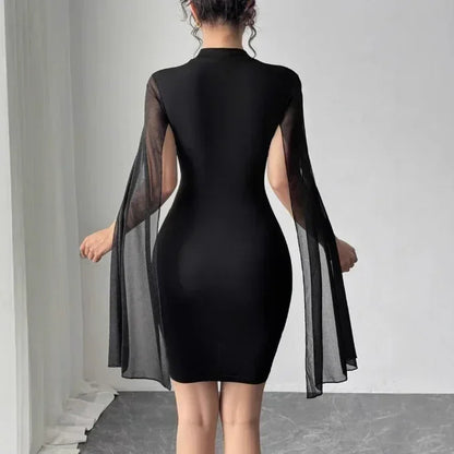Elegant Cape-Sleeve Dress - 2025 Office Lady Pearl Chiffon Party Dress