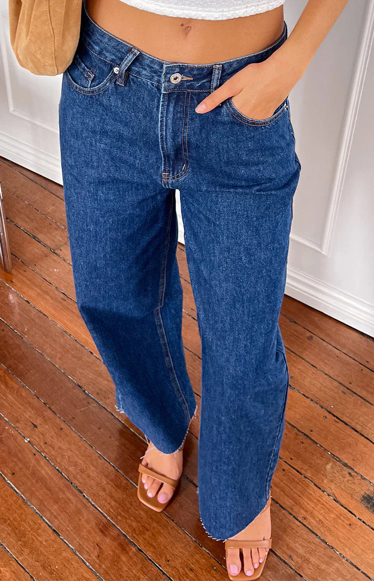 She's Yours Dark Wash Denim Wide Leg Boyfriend Jeans