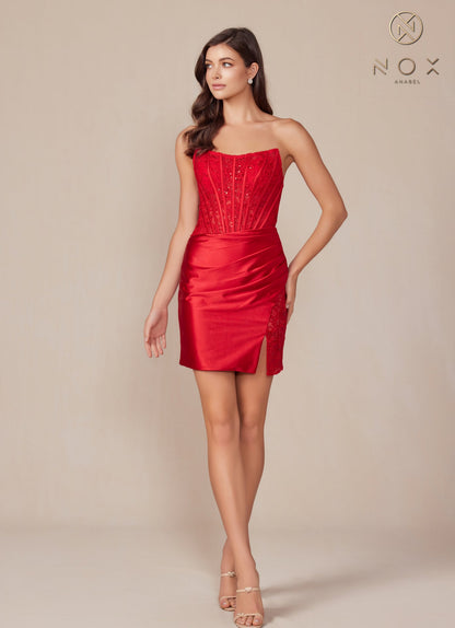 Nox Anabel T870 Fitted Short Applique Slit Cocktail Dress