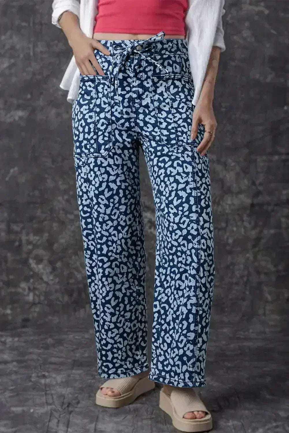 Blue Leopard Print Drawstring Waist Pocketed Wide Leg Jeans
