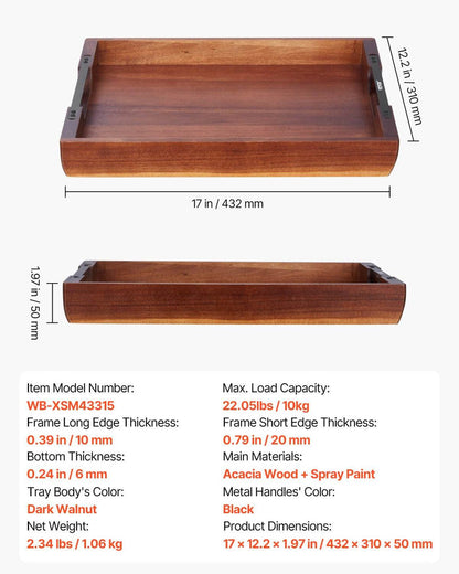 Acacia serving tray with handles made of durable polished acacia wood, 16x12 inch multifunctional serving table