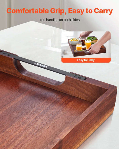 Acacia serving tray with handles made of polished acacia wood, 16x12 inches, lightweight and durable for serving and decor
