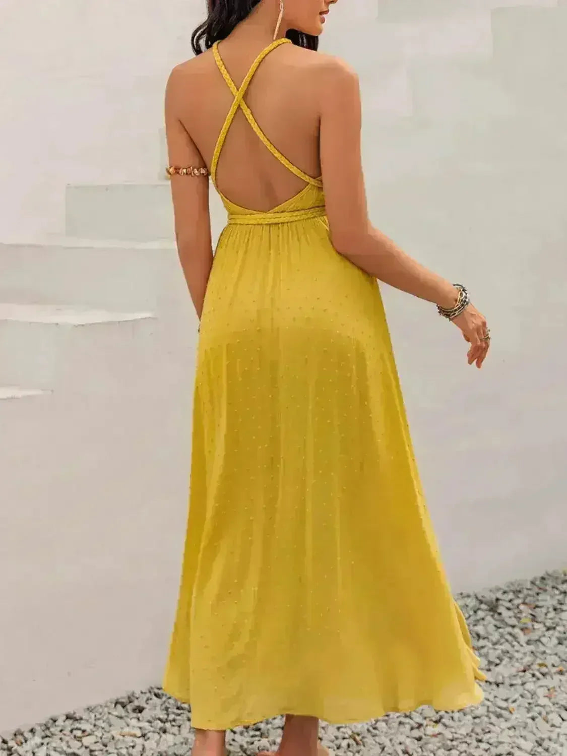 Swiss Dot Backless Dress – Tied Detail & Flowy Silhouette