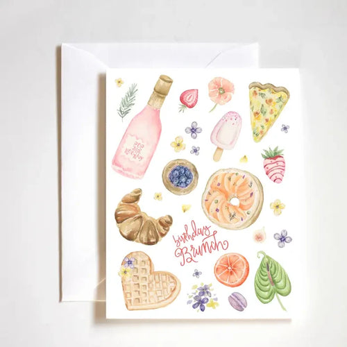 "Brunch Birthday Card" – Hand-painted card with mimosa, fruit, and pastries in a spring palette

"Pop Sip Hooray Greeting Card" – Luxe A2 birthday card with brunch-themed illustrations

"Spring Brunch Stationery" – Playful, boutique card featuring bubbly and brunch in Stephanie’s style