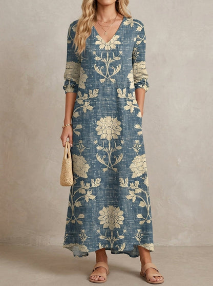 Colette · Floral Dress with V-Neck, Long Sleeves, and Pockets