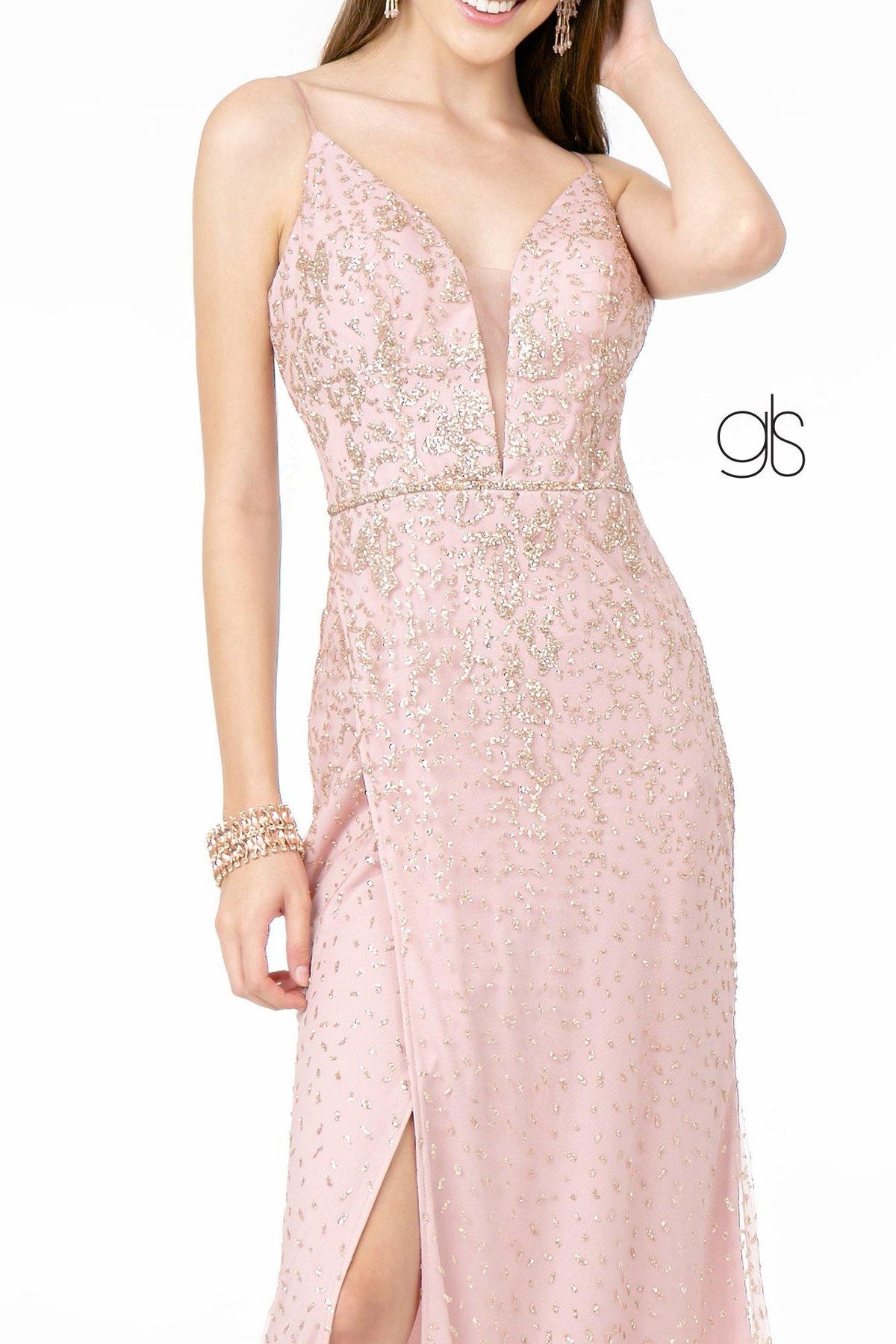 Glitter Mesh Illusion Long Prom Dress