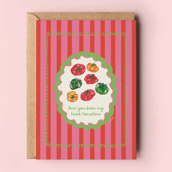 punny greeting card

tomato love card

cute food-themed card

Valentine’s Day card for foodie

gouache art card

Lauren Shelley artwork

funny anniversary card

blank card with envelope