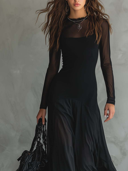 Neroa • Black Tulle Maxi Dress with Loose Fit