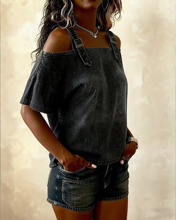 Off-Shoulder Denim Shirt
