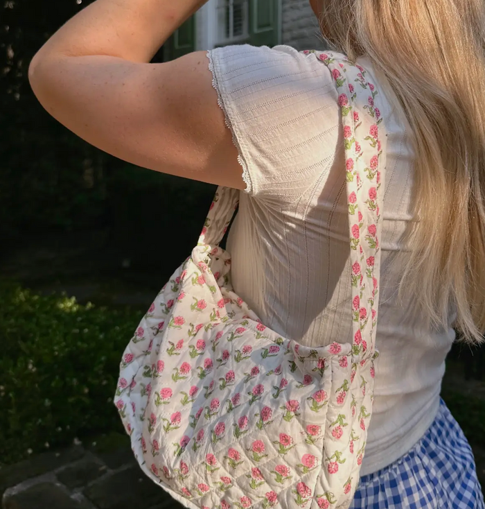 Bloom & Go Quilted Shoulder Bag in pink and green floral block print, small cotton purse with zipper closure for everyday essentials