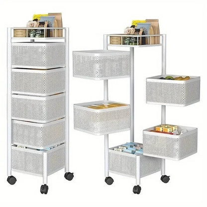 5-tier rotating kitchen storage shelf with metal wire baskets storing fruits and vegetables